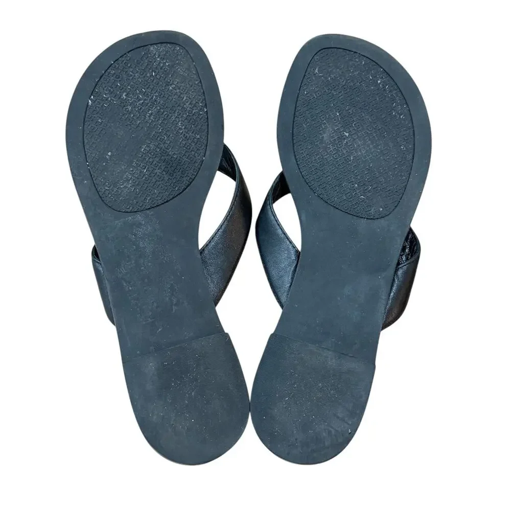 Tory Burch Monroe Leather Thong Sandals Women's Size 7 Black Gold Logo